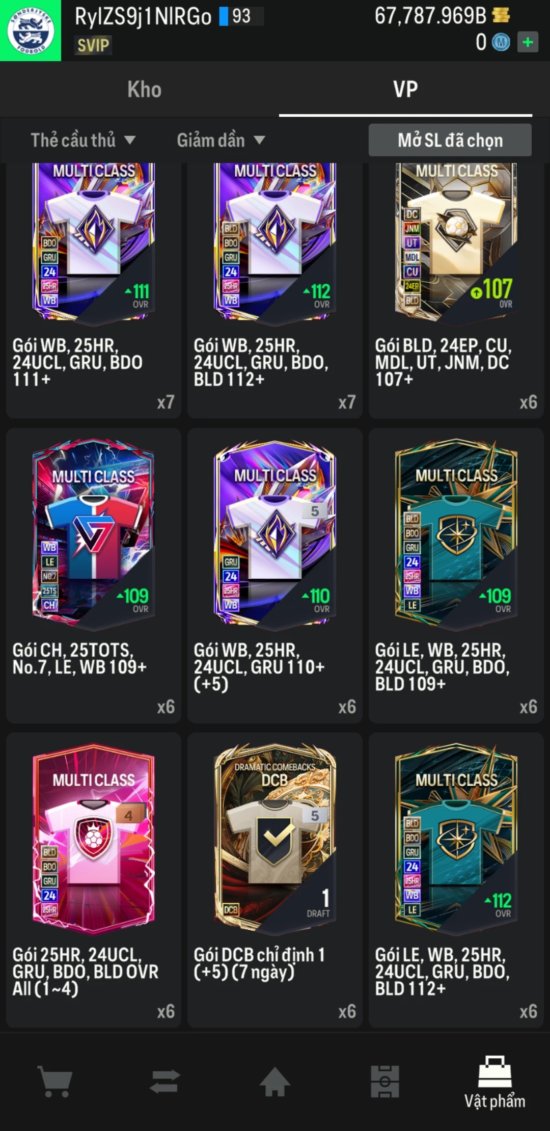 Ảnh ACC mở thẻ (LOẠI SVIP PROMAX) bao gồm 1 gói thẻ +12, thẻ PRIME và 1000+ thẻ cầu thủ từ Siêu sao đến Miền núi các loại. Có sẵn BP trắng trong acc từ 57.000 tỷ BP đến 67.000 tỷ BP, kèm theo nhiều ngày SVIP